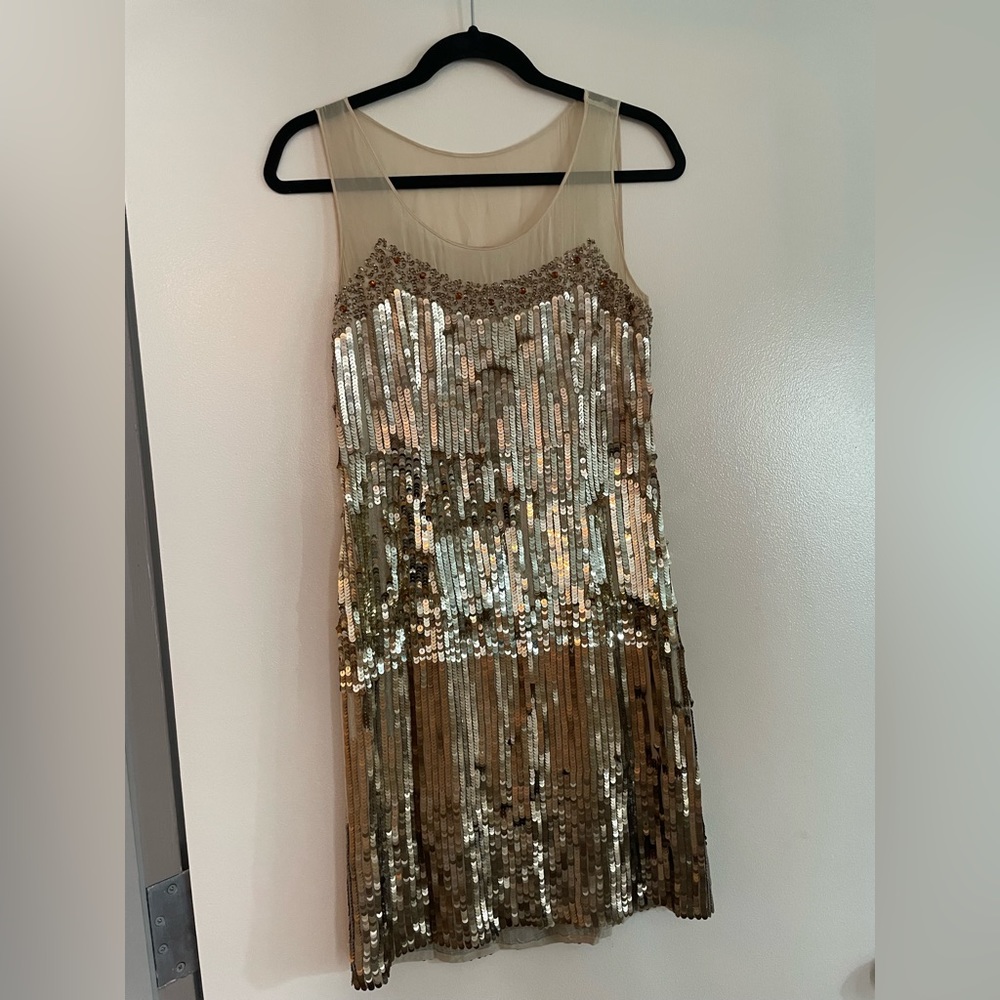 SOLD- Adrianna Papell Gold Bronze Sequin Embellished Cocktail Dress Size 8